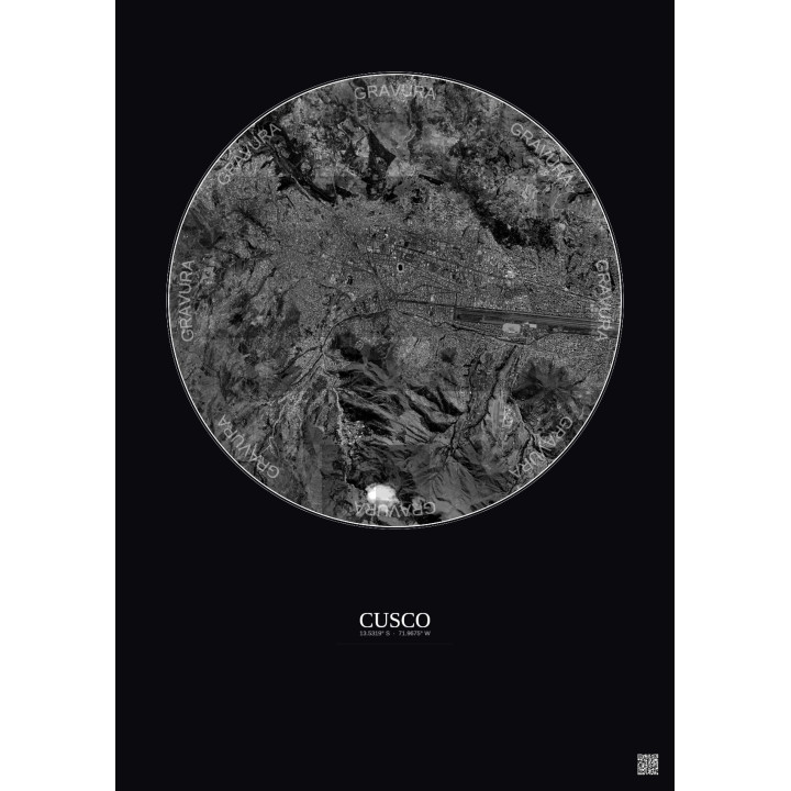 Affiche Cusco – Poster vue satellite 5km N&B | Gravura – Fond fo