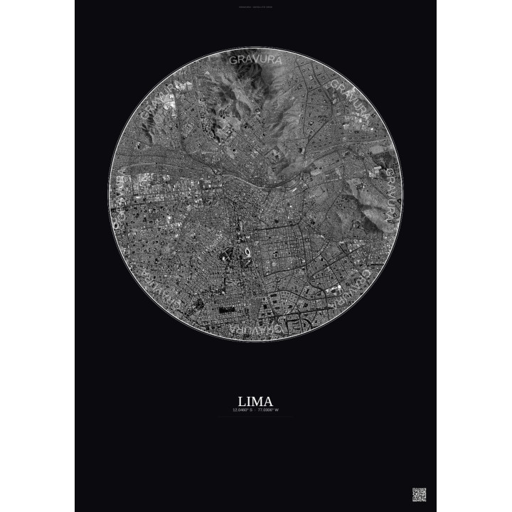 Affiche Lima – Poster vue satellite 6km N&B | Gravura – Fond fon