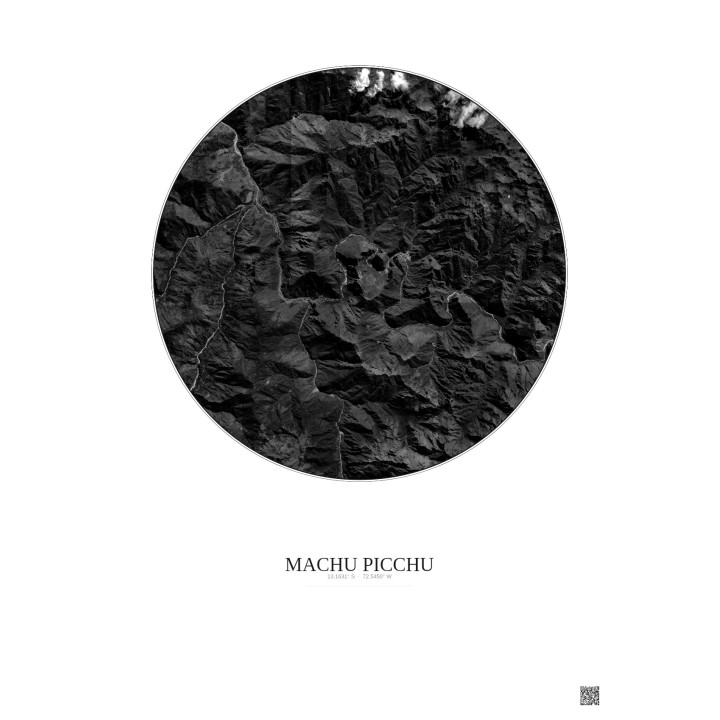 Affiche Machu Picchu – Poster vue satellite 10km N&B | Gravura –