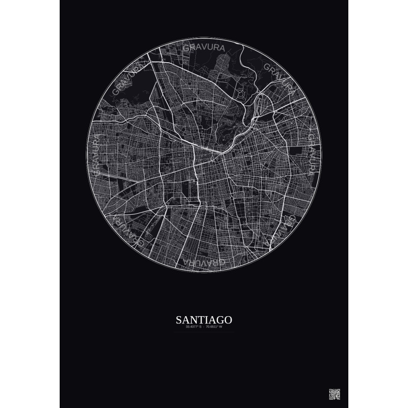 Affiche Santiago – Poster carte de ville 10km | Gravura – Fond foncé