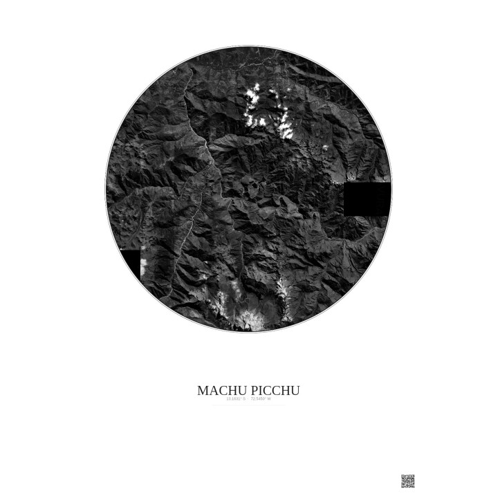 Affiche Machu Picchu – Poster vue satellite 20km N&B | Gravura –