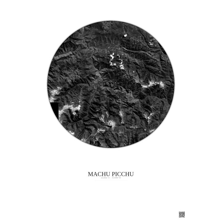 Affiche Machu Picchu – Poster vue satellite 30km N&B | Gravura –