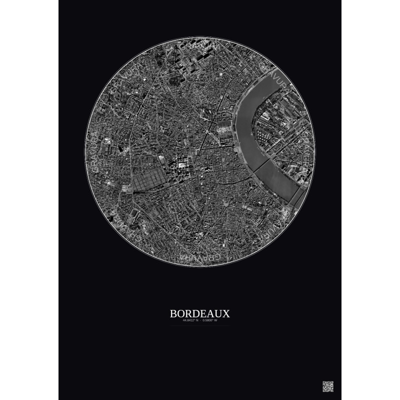 Affiche Bordeaux – Poster vue satellite 2.5km N&B | Gravura – Fond foncé