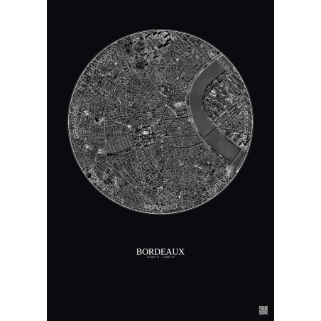Affiche Bordeaux – Poster vue satellite 2.5km N&B | Gravura – Fond foncé