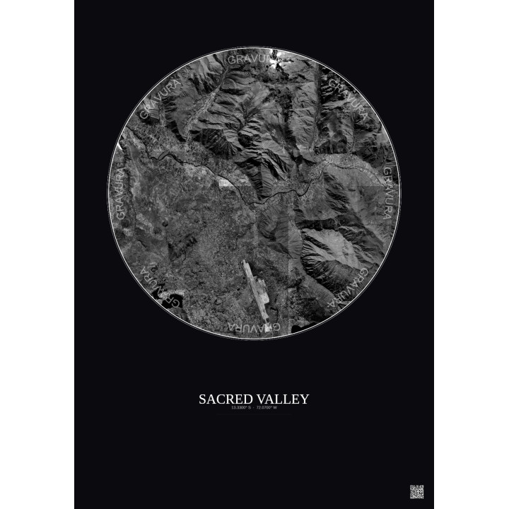 Affiche Sacred Valley – Poster vue satellite 10km N&B | Gravura 
