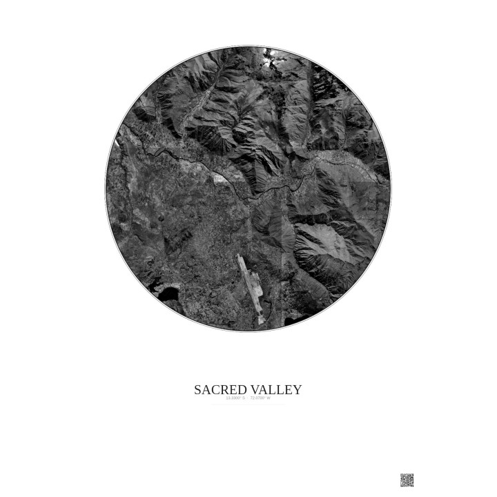 Affiche Sacred Valley – Poster vue satellite 10km N&B | Gravura 