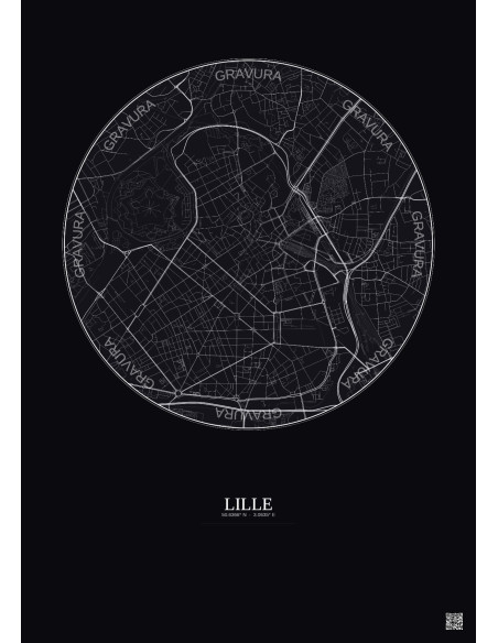 Affiche Lille – Poster carte de ville 2.5km | Gravura – Fond foncé
