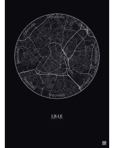 Affiche Lille – Poster carte de ville 5km | Gravura – Fond foncé