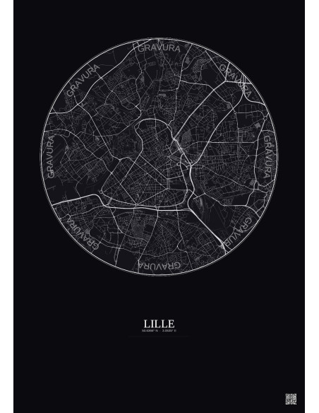 Affiche Lille – Poster carte de ville 5km | Gravura – Fond foncé