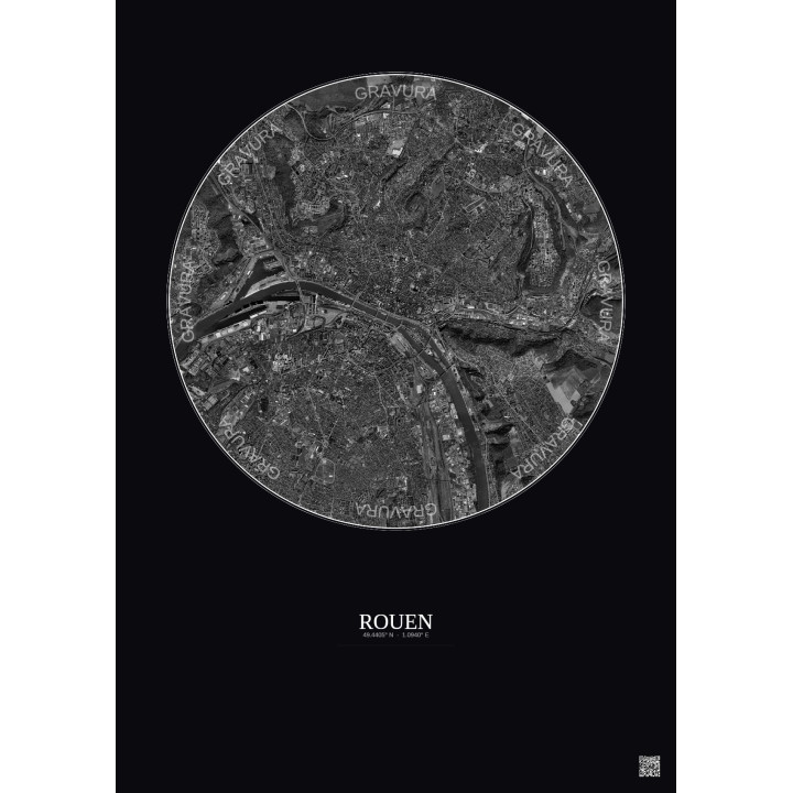 Affiche Rouen – Poster vue satellite 5km N&B | Gravura – Fond foncé