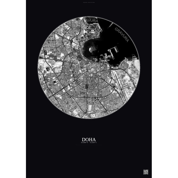 Affiche Doha – Poster vue satellite 6km N&B | Gravura – Fond fon