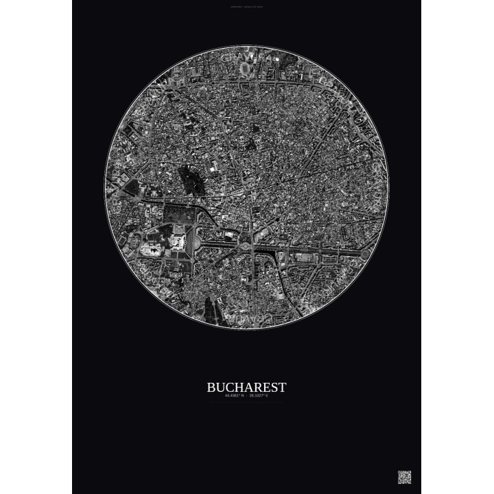Affiche Bucharest – Poster vue satellite 2.5km N&B | Gravura – F