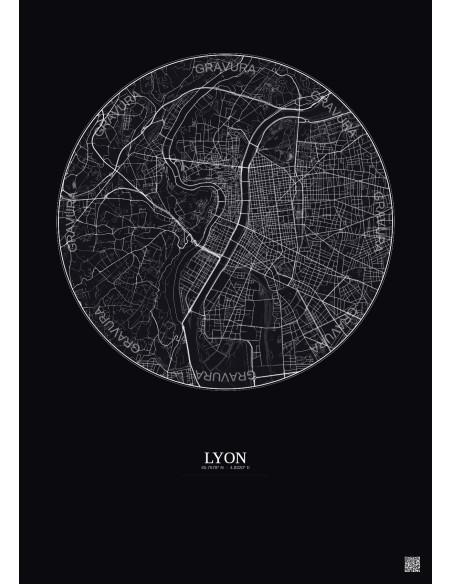 Affiche Lyon – Poster carte de ville 5km | Gravura – Fond foncé