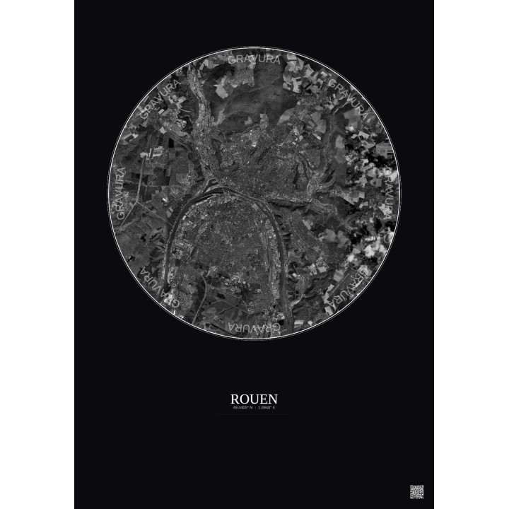 Affiche Rouen – Poster vue satellite 10km N&B | Gravura – Fond foncé