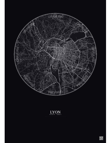 Affiche Lyon – Poster carte de ville 10km | Gravura – Fond foncé