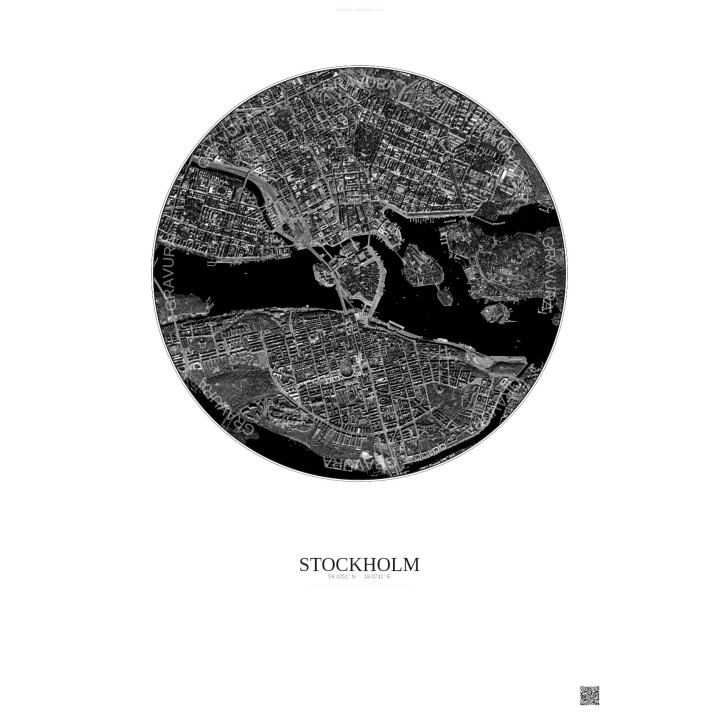 Affiche Stockholm – Poster vue satellite 2.5km N&B | Gravura – F