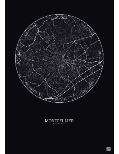 Affiche Montpellier – Poster carte de ville 5km | Gravura – Fond foncé