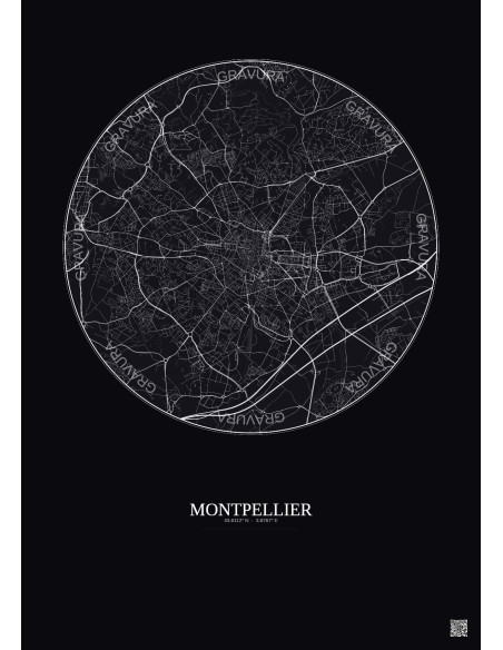 Affiche Montpellier – Poster carte de ville 5km | Gravura – Fond foncé