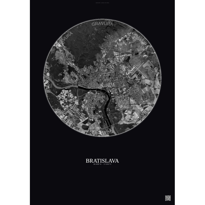 Affiche Bratislava – Poster vue satellite 10km N&B | Gravura – F