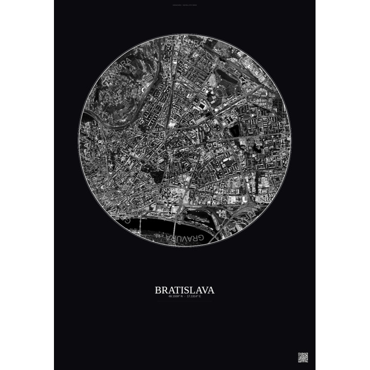 Affiche Bratislava – Poster vue satellite 2.5km N&B | Gravura – 