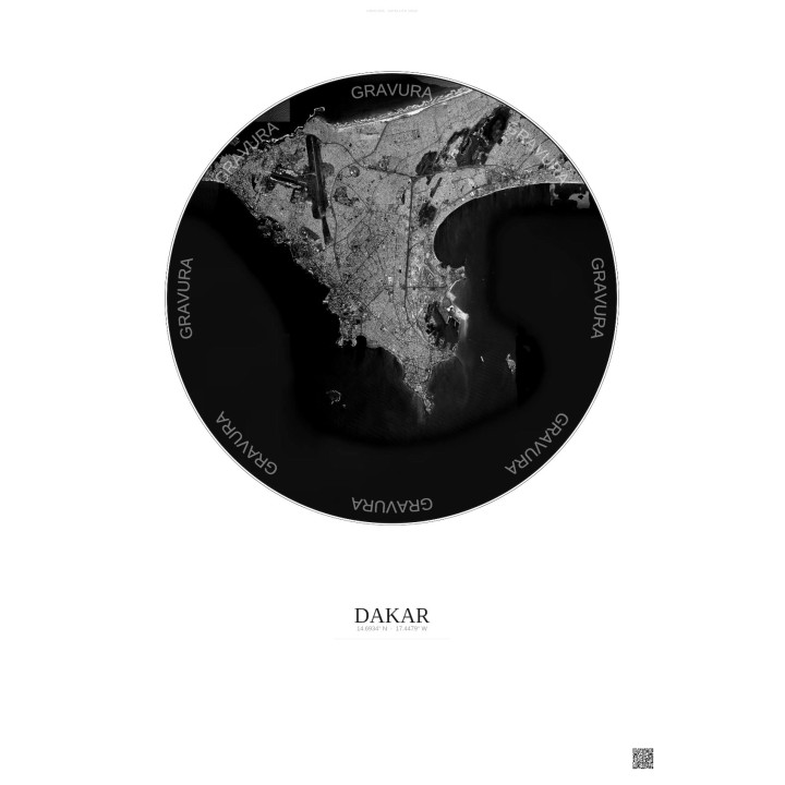 Dakar Satellite View Poster 10km B&W | Gravura – Light backgroun