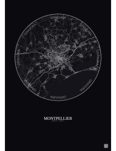 Affiche Montpellier – Poster carte de ville 20km | Gravura – Fond foncé