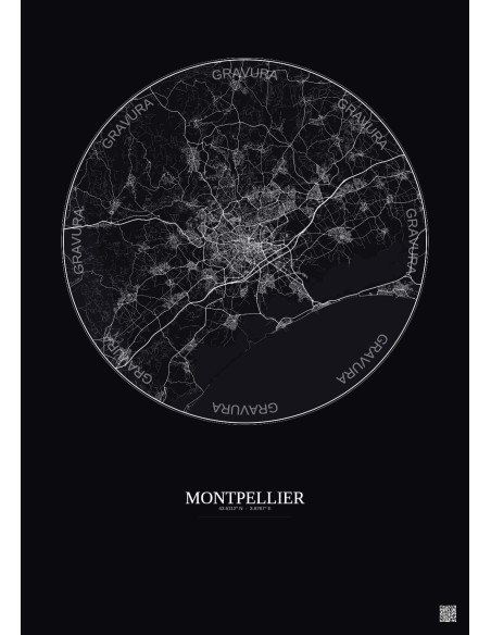 Affiche Montpellier – Poster carte de ville 20km | Gravura – Fond foncé