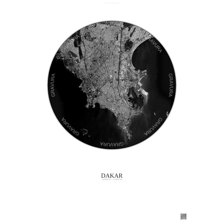 Affiche Dakar – Poster vue satellite 6km N&B | Gravura – Fond cl