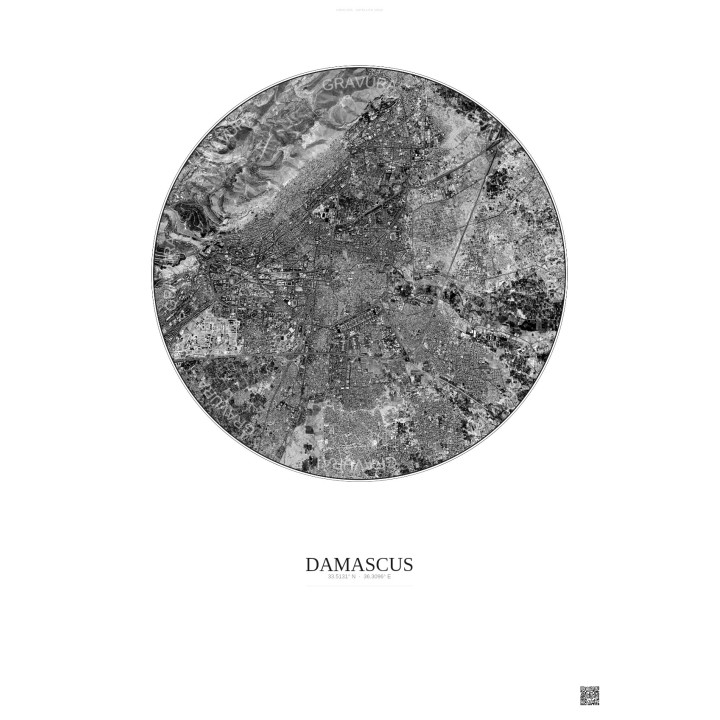 Affiche Damascus – Poster vue satellite 6km N&B | Gravura – Fond