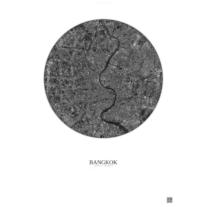 Affiche Bangkok – Poster vue satellite 10km N&B | Gravura – Fond