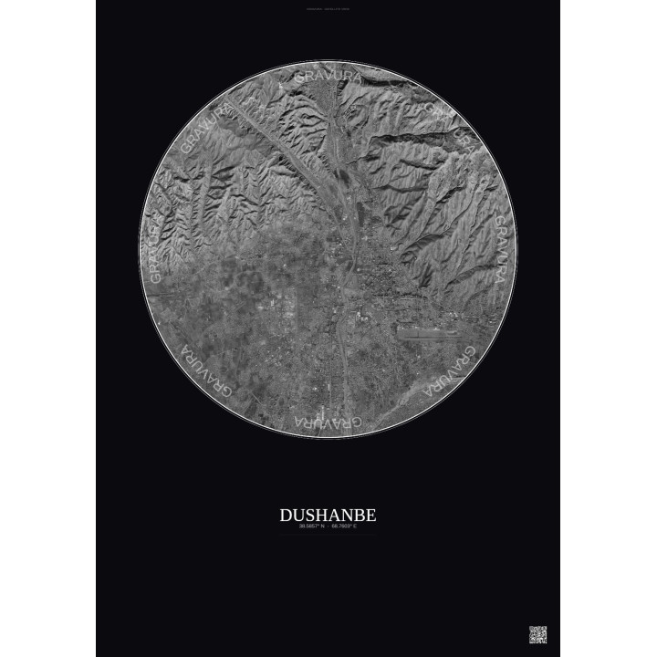 Affiche Dushanbe – Poster vue satellite 10km N&B | Gravura – Fon