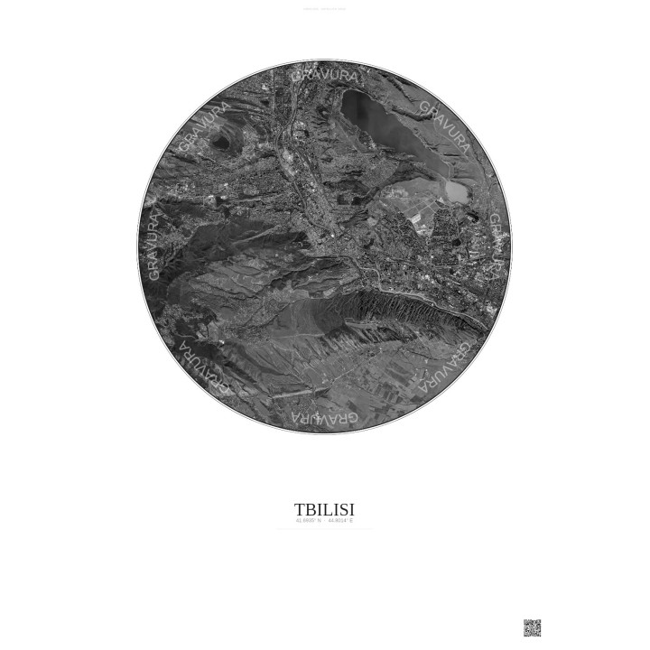 Affiche Tbilisi – Poster vue satellite 10km N&B | Gravura – Fond clair