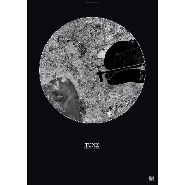 Tunis Satellite View Poster 6km B&W | Gravura – Dark background