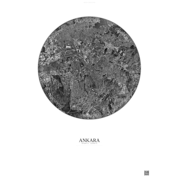 Affiche Ankara – Poster vue satellite 10km N&B | Gravura – Fond 