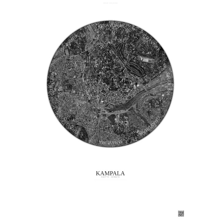 Affiche Kampala – Poster vue satellite 2.5km N&B | Gravura – Fon