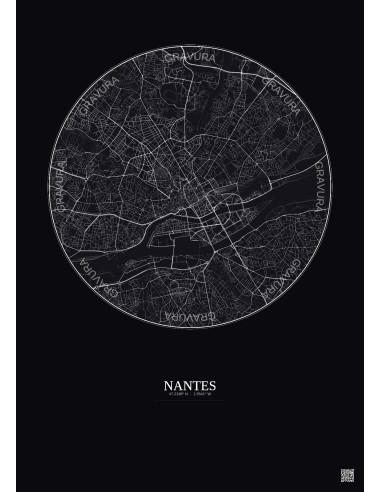 Affiche Nantes – Poster carte de ville 5km | Gravura – Fond foncé