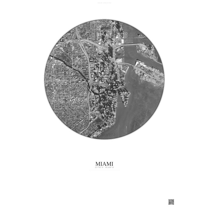 Affiche Miami – Poster vue satellite 2.5km N&B | Gravura – Fond 