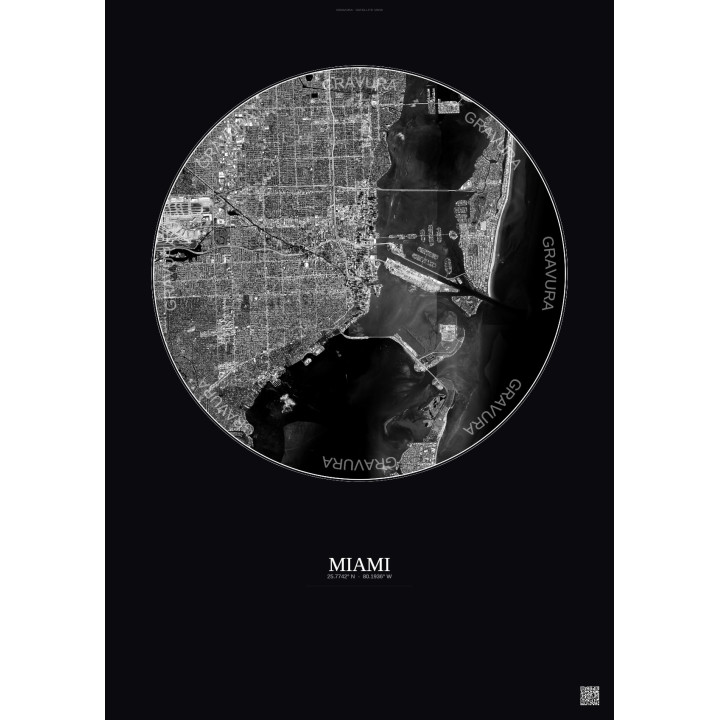Miami Satellite View Poster 10km B&W | Gravura – Dark background