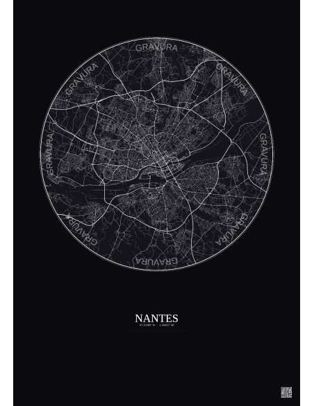 Affiche Nantes – Poster carte de ville 10km | Gravura – Fond foncé