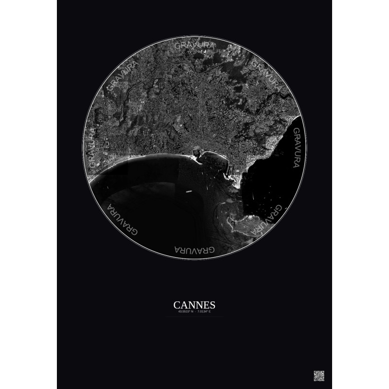 Affiche Cannes – Poster vue satellite 5km N&B | Gravura – Fond foncé