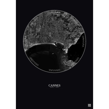 Affiche Cannes – Poster vue satellite 5km N&B | Gravura – Fond foncé