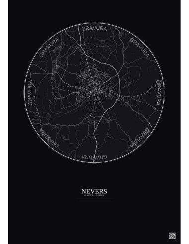 Affiche Nevers – Poster carte de ville 10km | Gravura – Fond foncé