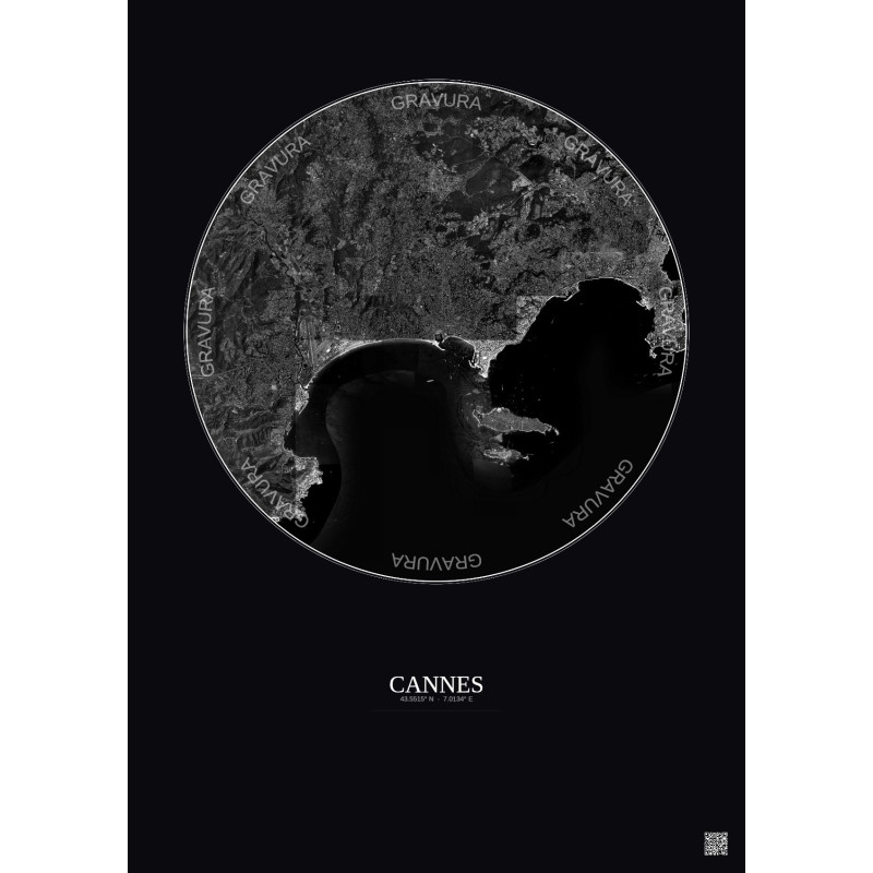 Affiche Cannes – Poster vue satellite 10km N&B | Gravura – Fond foncé