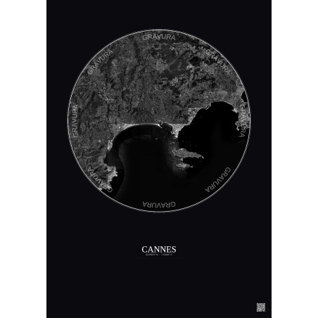 Affiche Cannes – Poster vue satellite 10km N&B | Gravura – Fond foncé