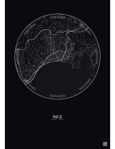 Affiche Nice – Poster carte de ville 6km | Gravura – Fond foncé