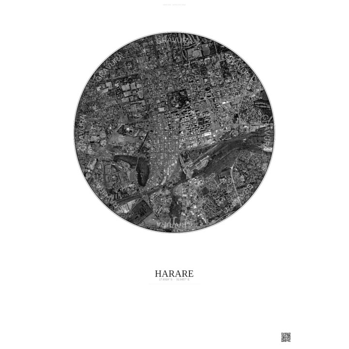 Affiche Harare – Poster vue satellite 2.5km N&B | Gravura – Fond