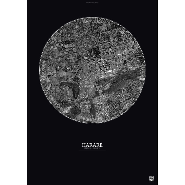 Affiche Harare – Poster vue satellite 2.5km N&B | Gravura – Fond