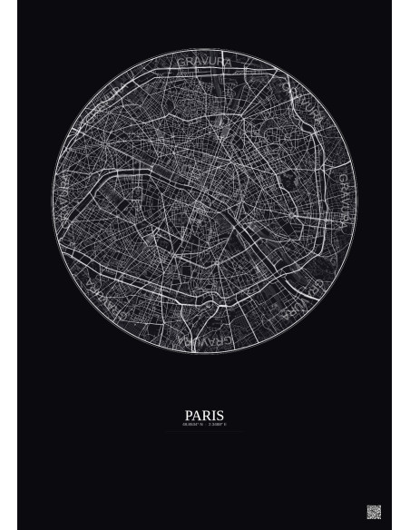 Affiche Paris – Poster carte de ville 6km | Gravura – Fond foncé