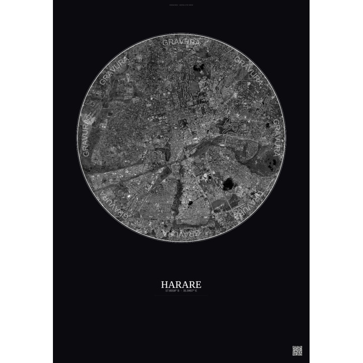 Affiche Harare – Poster vue satellite 6km N&B | Gravura – Fond f