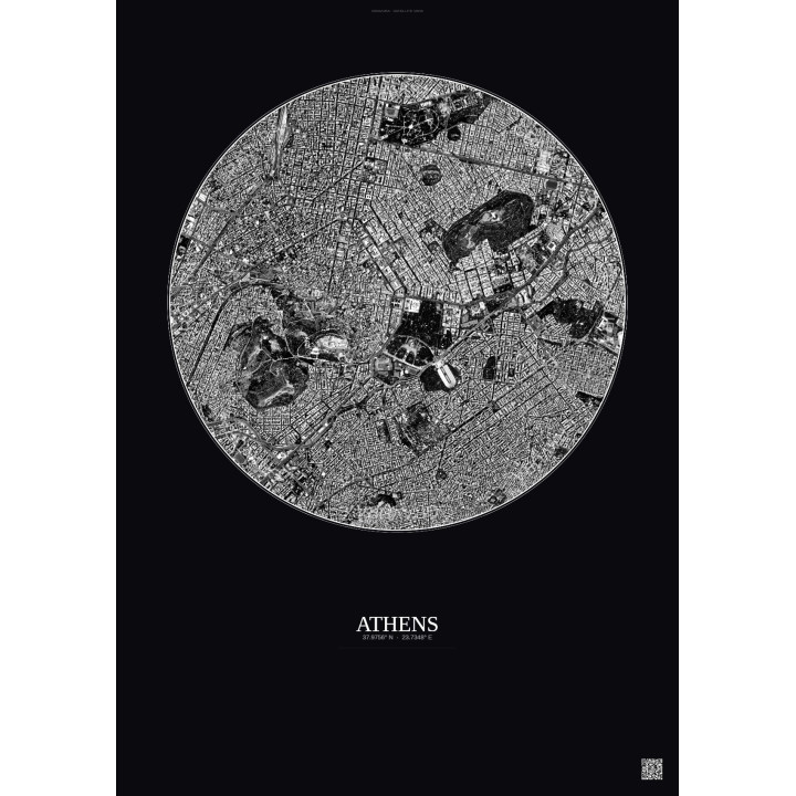 Affiche Athens – Poster vue satellite 2.5km N&B | Gravura – Fond foncé